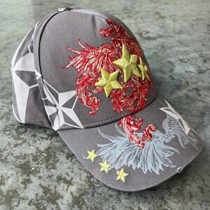 Y2K Pugs Gear Embroidered Graphic Baseball Cap Grey Distressed Hat Hook & Loop